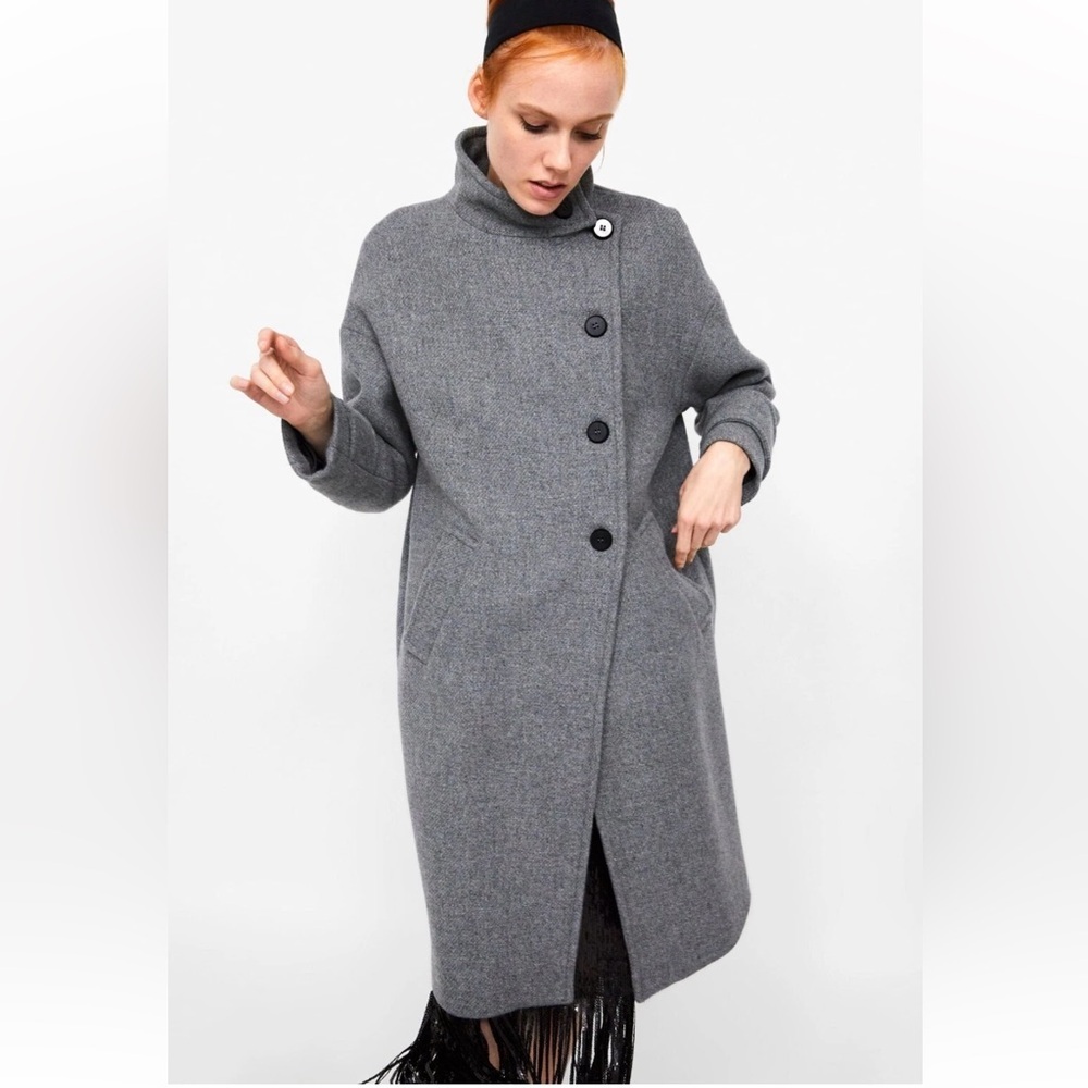 ZARA Wool Blend Grey Trench Coat Button Down High Neck Jacket Minimalist Chic